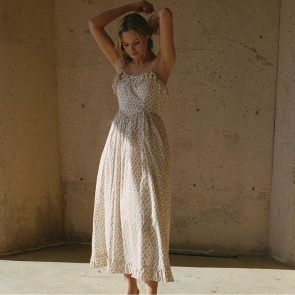 Doen Wendelin Cotton Ruffle Tie Bow Strap Midi Dress Spring Elderberry Floral - Picture 3 of 14